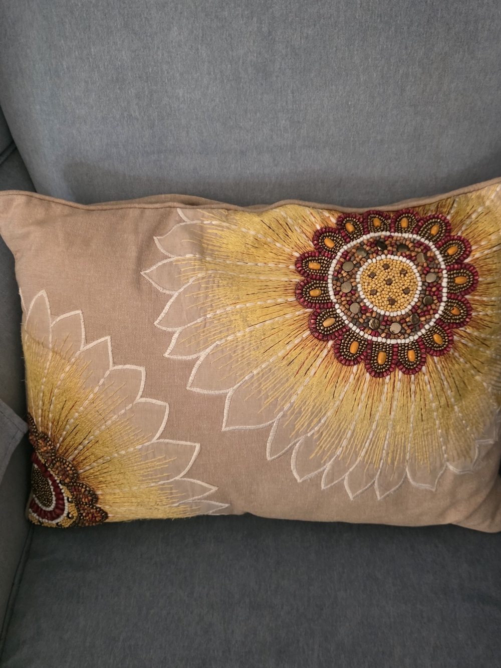 2 VTG Pier 1 Beaded Embroidered Sunflower Throw Pillow Covers Floral BOHO 20x14”